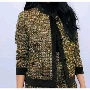 Talbots Blazer Size‎ 4 Petite Brown Green Tweed Open Faux Leather Buttons Career